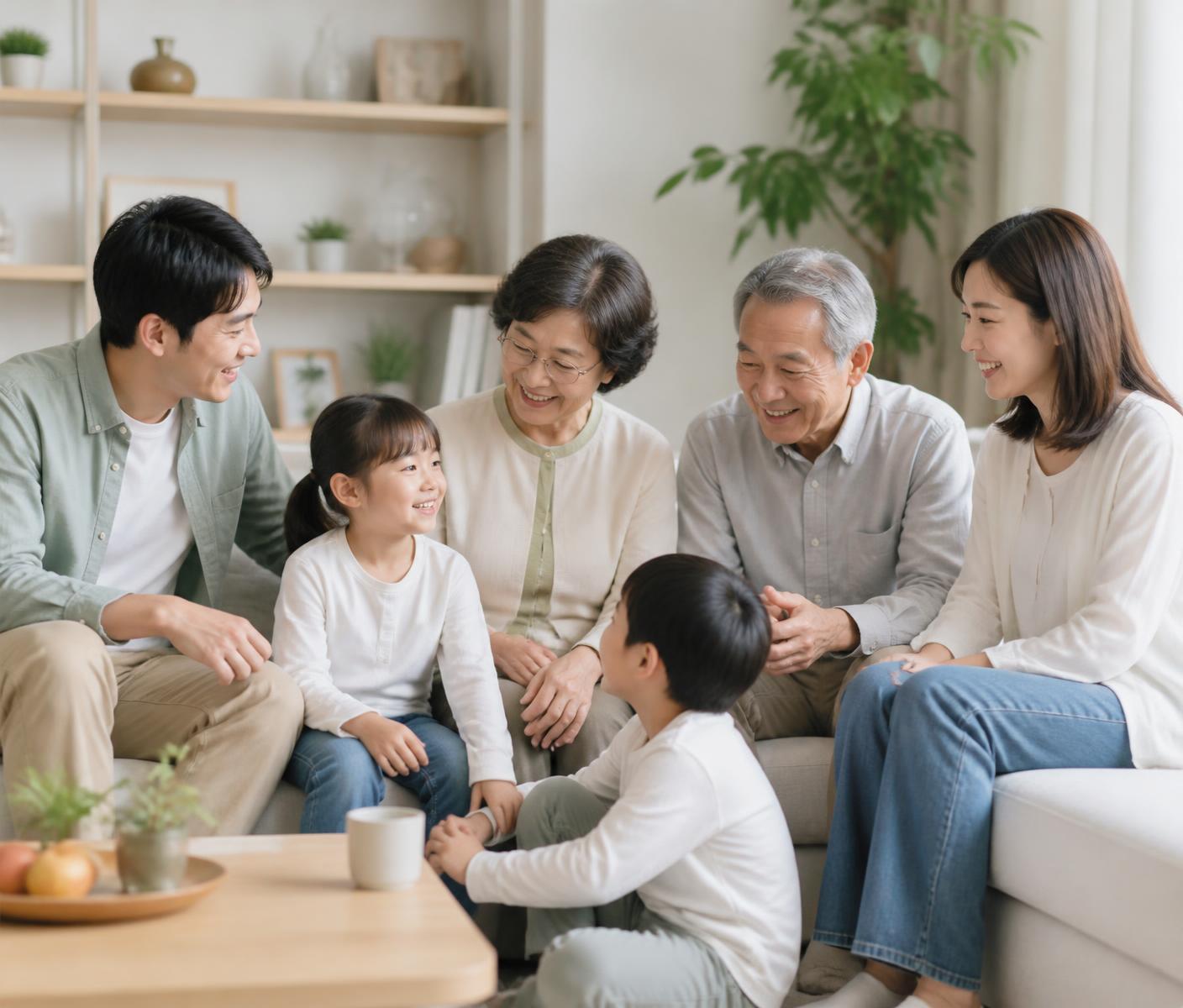 A family relaxing together at home in soft daylight